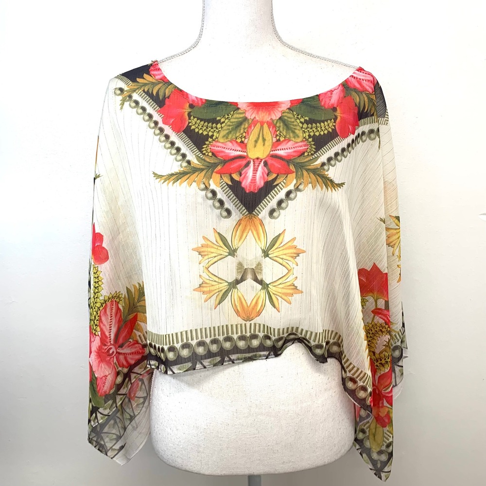 Live Let Live Floral Poncho Blouse 1X Crop Sheer Colorful‎ Boho Layer Festival